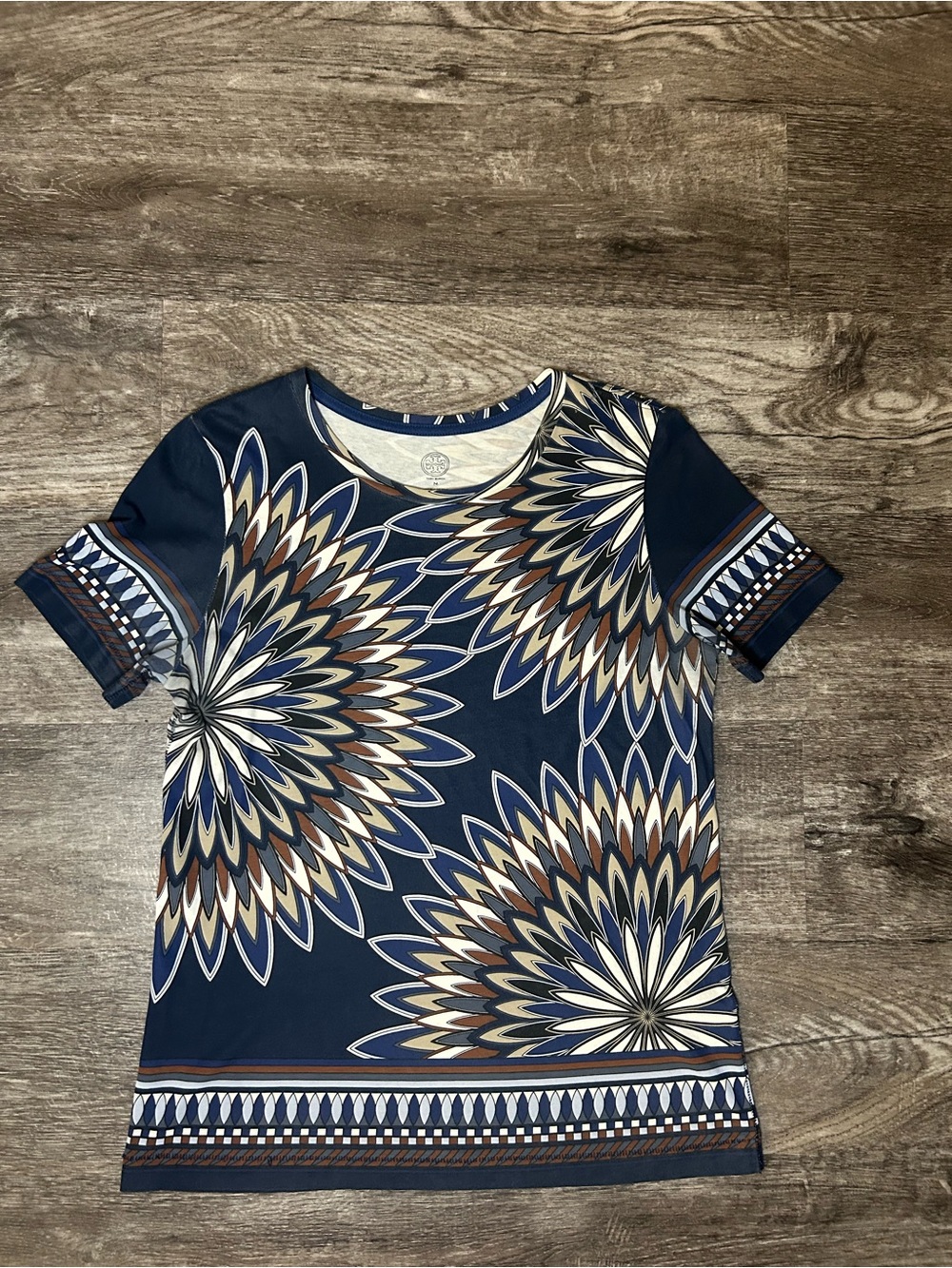 Tory Burch Floral Geometric Print Navy Blue Women's Size M Short Sleeve T-Shirt